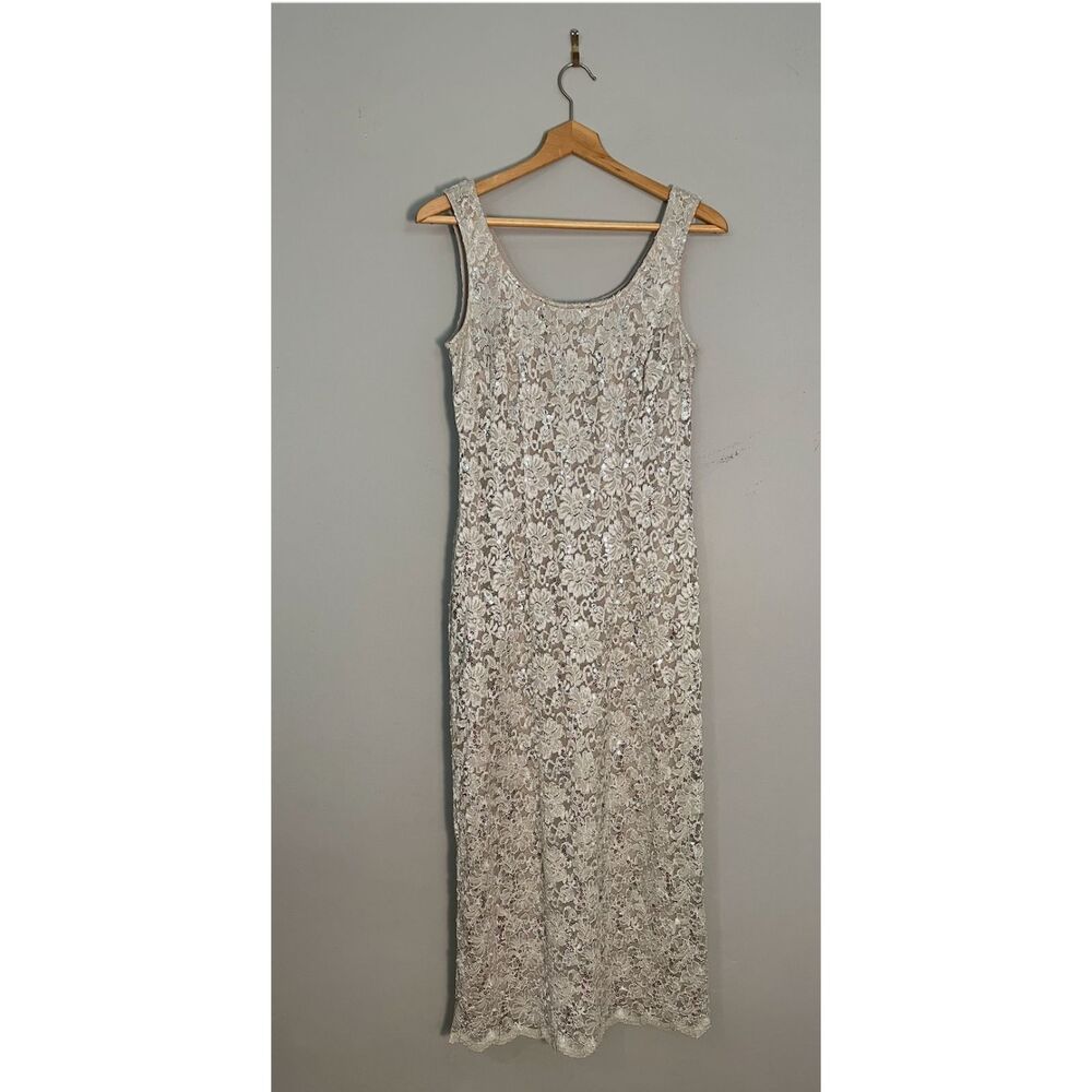 R&M Collection Ivory Sequin Lace Maxi Dress Size 6 Champagne Formal Gown Slit